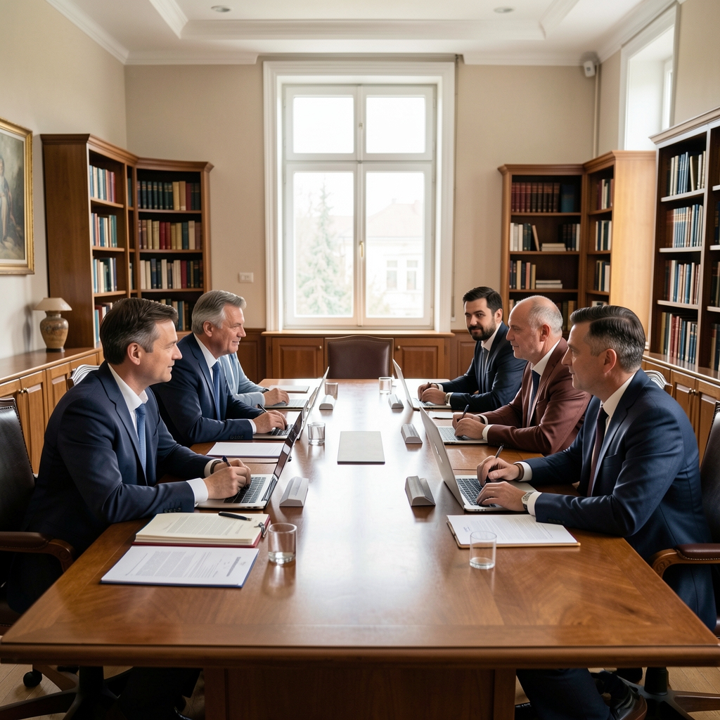 Уредници на састанку расправљају о уредничким стандардима, конференцијска сала, документи на столу